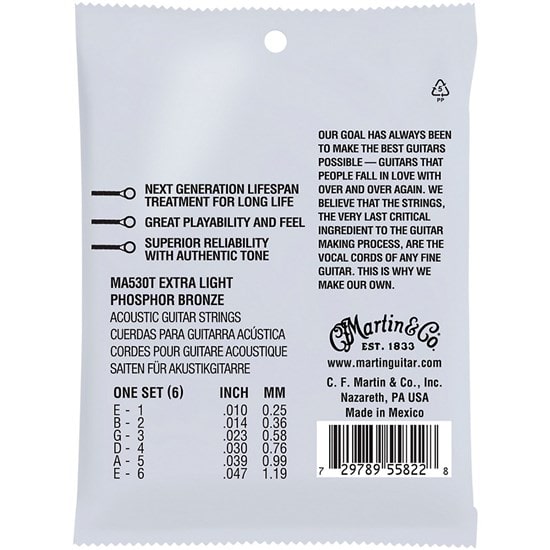 סט מיתרים לגיטרה אקוסטית 0.10 לאקוסטית Martin MA530T Lifespan Treated Phosphor Bronze
